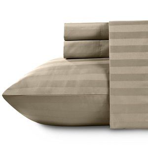NEW - 100% Cotton 500 Thread Count 4-Piece Sheet Set - Stripe Khaki